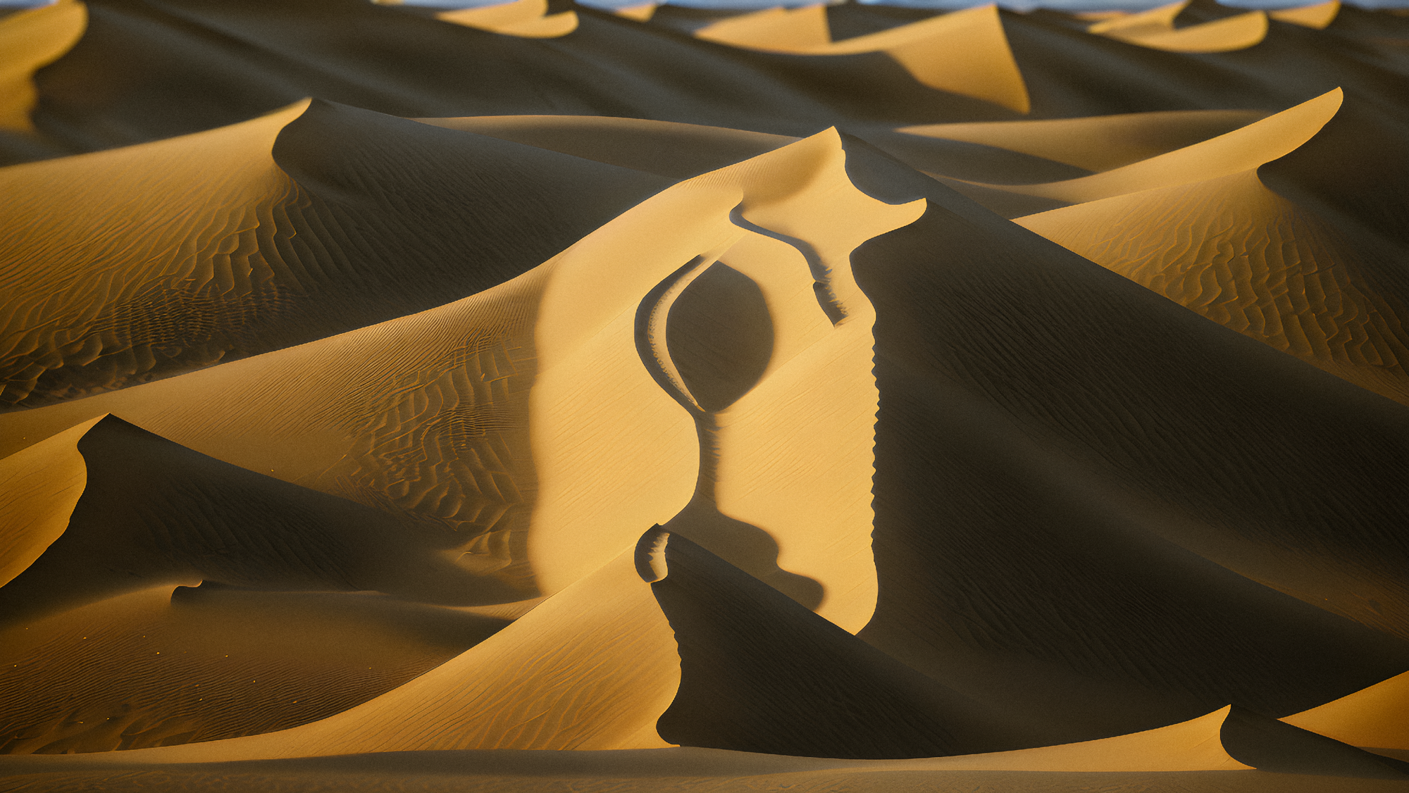 cascading dunes dominating the image. As the sunsets over the mounds of beige sand, a shadow forms in the shape of LaunchJoy's logo, a joystick front and center.